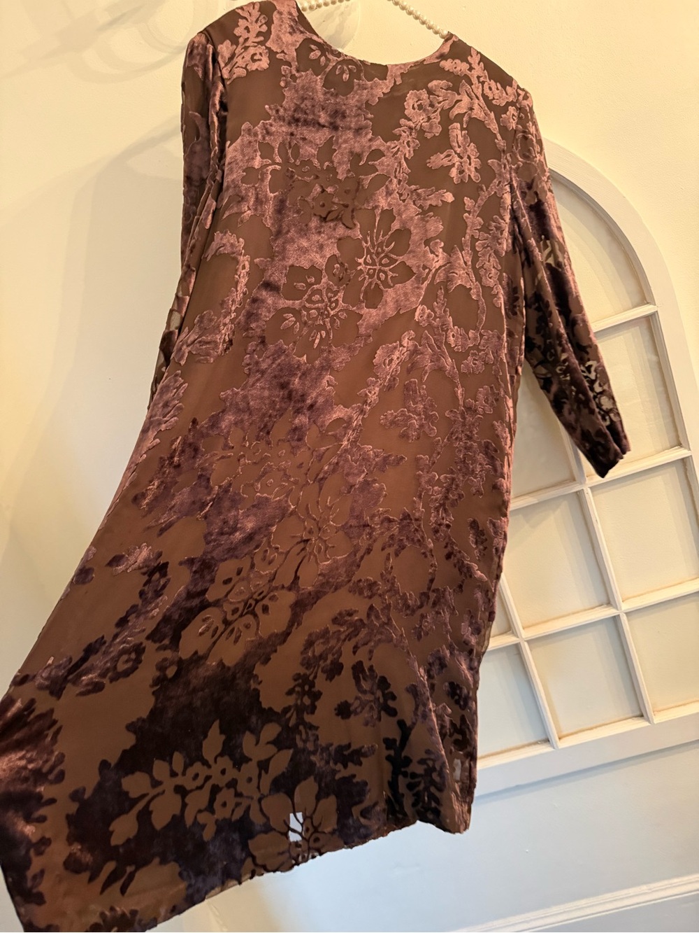 Vintage Adrianna Papell Burnout Velvet Shift Dress Brown Floral Size 16 Bohochic